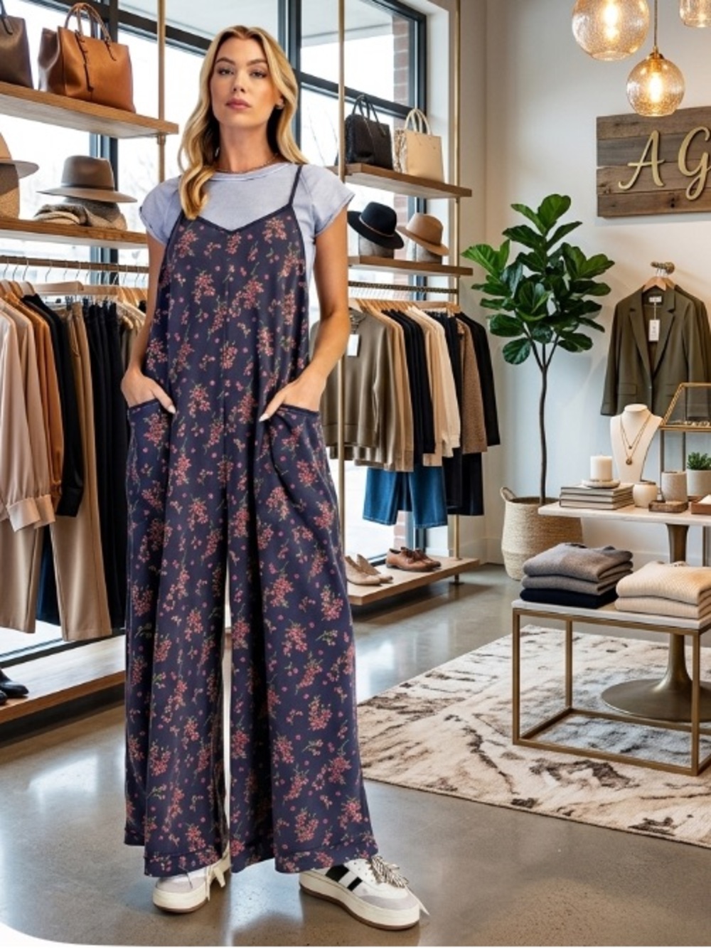 easel Navy Floral Wide-Leg Jumpsuit